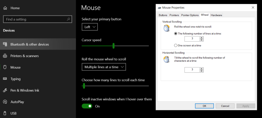 no option in mouse setting
